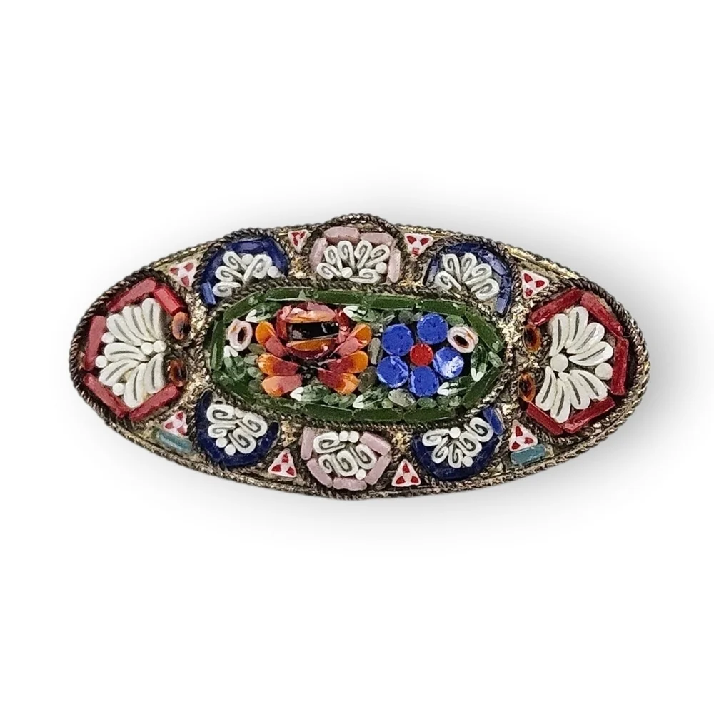 Vintage Mosaic Flower Brooch RM Italy Multicolor Colorful Italian Oval 1.5